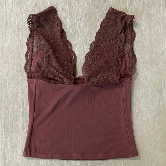 Intimately Free People Power Play Cami Ribbed Stretch Lace Top Plunge Neck Sz S - Picture 6 of 11